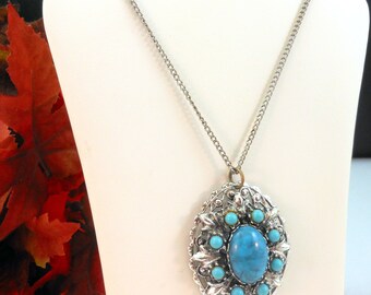 Southwest Style Ornate Pendant Necklace - Faux Turquoise Stones, Lucite - Silver Tone - Circa 1960's