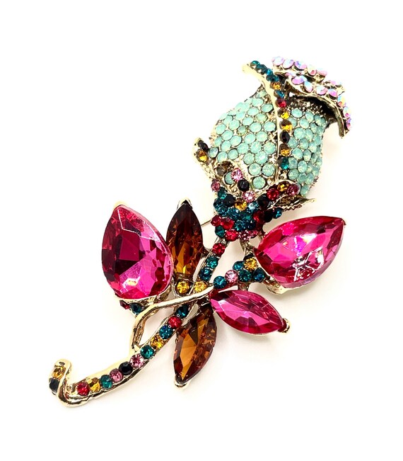 Large Multicolor Rhinestone Rose Bud Brooch & Pendant – Gold Tone, 3.5" Statement Piece