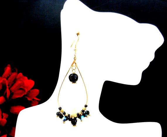 Beaded Hoop Statement Earrings - Teardrop Shape, Faceted Black AB Glass, Gold Tone - Handmade