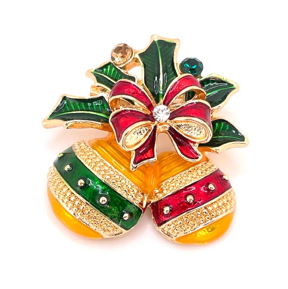 Festive Enamel Ornament Holly Christmas Brooch – Gold Tone, Red & Green Stripes, Rhinestone Accents