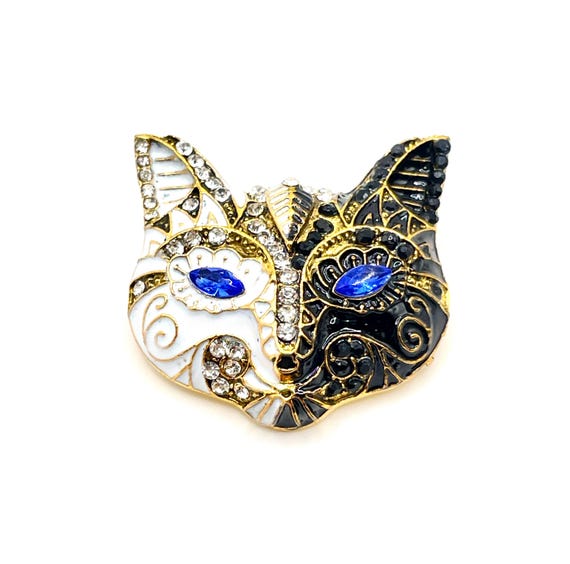 Black White Enamel Cat Brooch Blue Rhinestone Eyes Gold Tone Mask Pin Collectible Jewelry