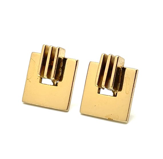 Vintage Monet Art Deco Style Gold Tone Geometric Clip Earrings 1980s
