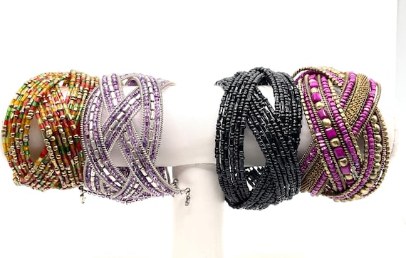 Vintage Hand Beaded Memory Wire Wrap Bracelets – Criss Cross Design Choice of 4 Colors
