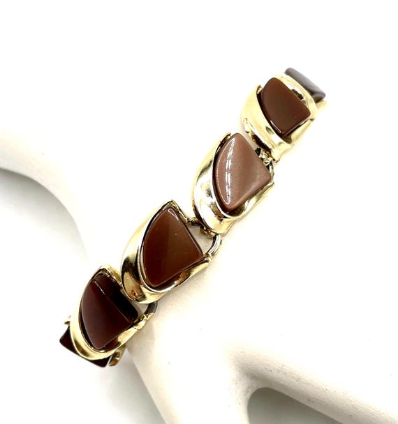 Vintage Moon Glow Thermoset Bracelet, Brown Shimmer Wedge Links, 1950s Retro Jewelry