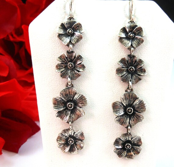 Linear Daisy Dangle Earrings Antiqued Silver Tone Wire Hooks 2.75"L