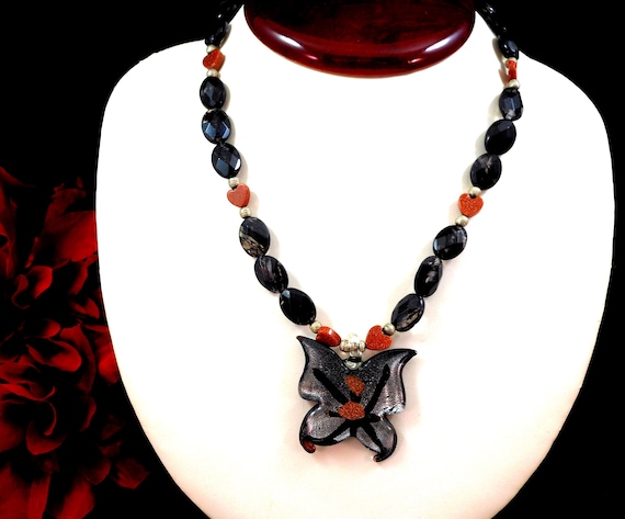 Handmade Dichroic Glass Butterfly Pendant Necklace – Art Glass Beads & Goldstone Hearts – 17.5"