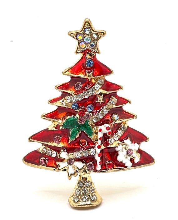 Sparkling Red Enamel Christmas Tree Brooch Pin with Candy Cane & AB Crystal Star Collectible