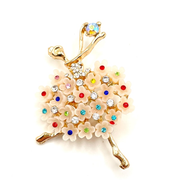 Gold Tone Ballerina Brooch – Frosted Floral Tutu, AB Crystal Accent, Statement Pin