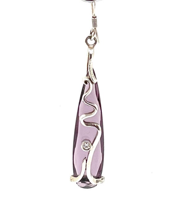 Artisan Crafted Teardrop Amethyst Glass 925 Sterling Silver Dangle Earrings | Wire Hooks | Handmade