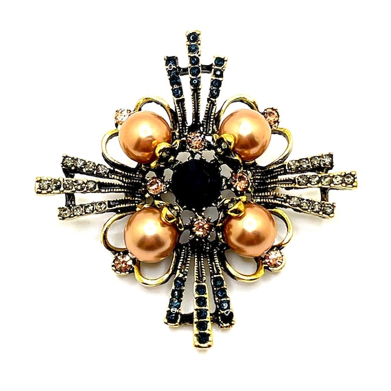 Jeweled Maltese Cross Brooch | Champagne Faux Pearls & Earth Tone Rhinestones | Antique Gold Tone | Vintage Style Pin
