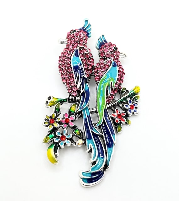 Rhinestone Bird of Paradise Brooch: Multicolor Enamel, Antique Silver Tone