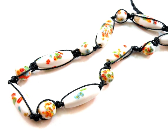 Millefiori Glass Bead Necklace Multi Color on White - 21"L