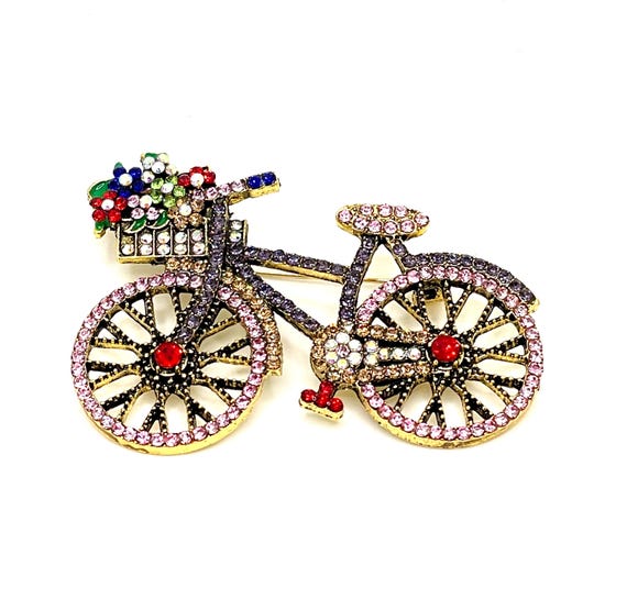 Colorful Rhinestone Bicycle Brooch – Basket of Flowers – Antique Gold Tone – DIY Craft Supply