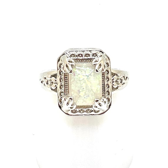 Art Deco / Nouveau Style Faux Opal Cocktail Ring – Silver Tone Filigree – US Size 8.25