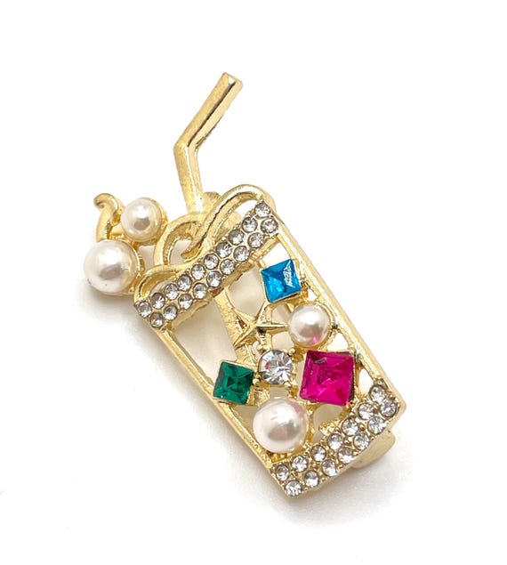 Jeweled Cocktail Drink Lapel Pin | Multicolor Rhinestones & Faux Pearls | Gold Tone Collectible Brooch | Party Vibes | DIY Craft Charm