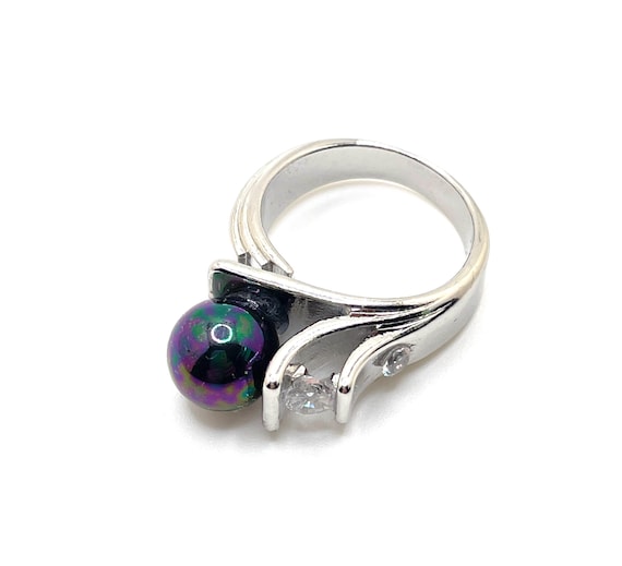 Handmade Modernist Statement Ring – Faux Black Tahitian Pearl & CZ Accents, Silver Tone, Size 9.5