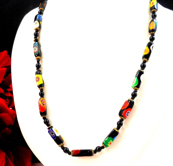 Mid Century Millefiori Venetian Glass Bead Necklace – 1960s Handmade – Multicolor on Black