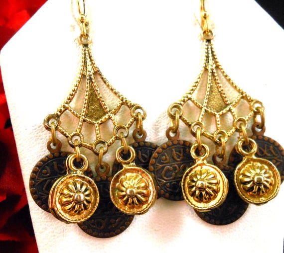 Boho Style Gold Copper Faux Coin Fan Shape Dangle Earrings 18K Gold Wire Hooks