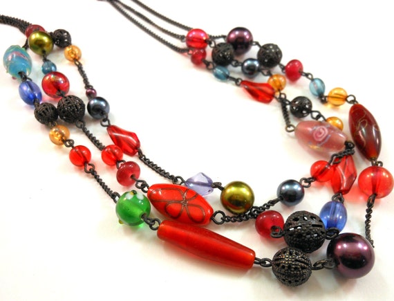 Colorful Venetian Glass Bead Necklace Multi Strand Faux Pearls AVON 1990's