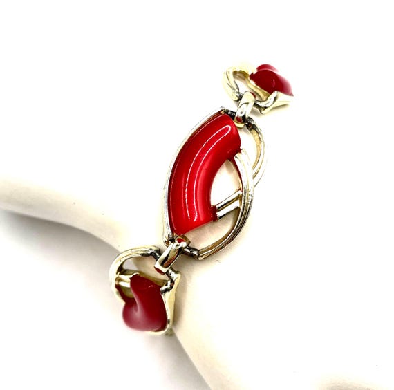 Vintage 1950's Red Moon Glow Thermoset Bracelet, Mid Century Lucite Link Bracelet, Retro Jewelry