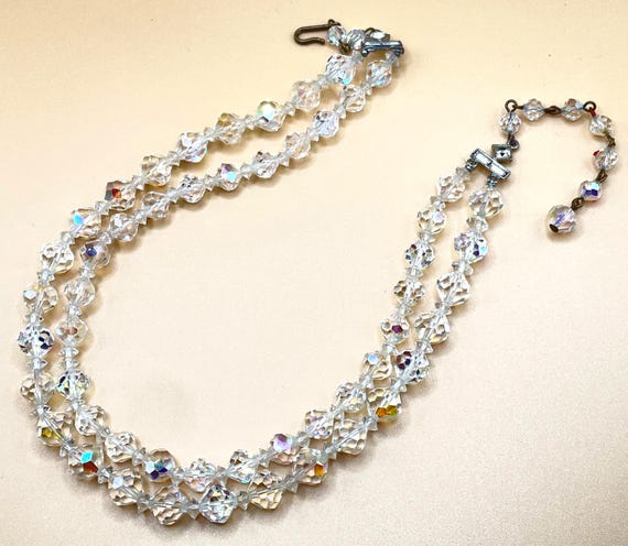Vintage Aurora Borealis Crystal Glass Bead Choker Necklace – Double Strand – 1950’s