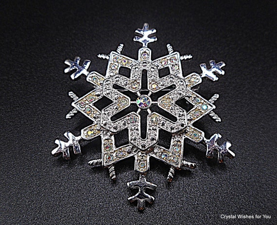 Elegant Rhinestone Snowflake Brooch Pin Aurora Borealis Crystals