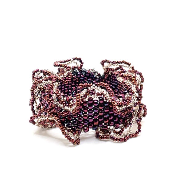 Vintage Beaded Bracelet: Iridescent Burgundy Wine Glass Beads, Scalloped Edge