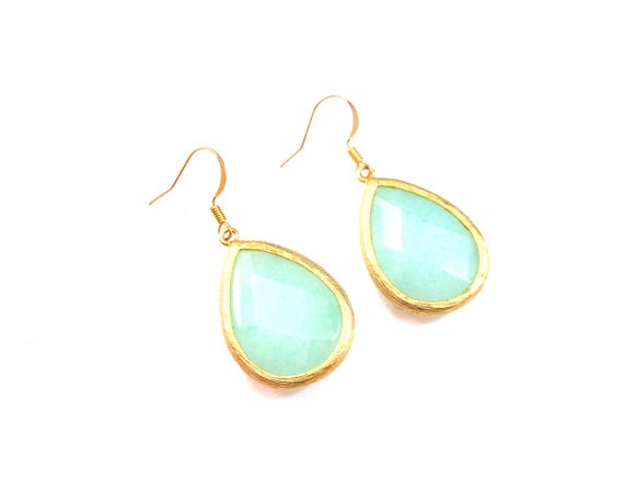 Aventurine Quartz Dangle Drop Earrings, Greenish-Blue Stone, Gold Plated Matte Finish