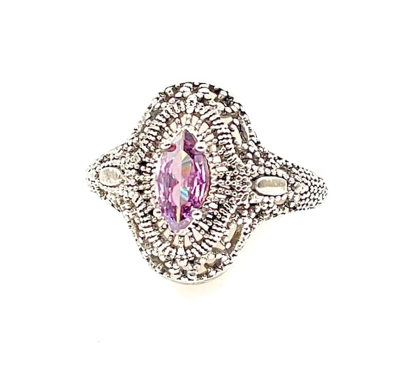 Antique Style Purple CZ Filigree Ring Marquise Cut Crysta Silver Tone Statement | Size 9.5