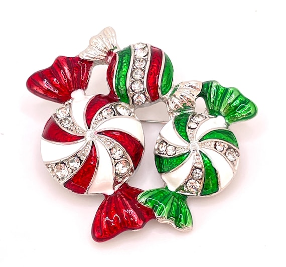 Festive Peppermint Candy Pin • Red White Green Enamel • Rhinestone Christmas Brooch