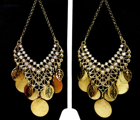 Boho Gypsy Style Filigree Chandelier Dangle Earrings Rhinestones Antiqued Brass 4.25"L