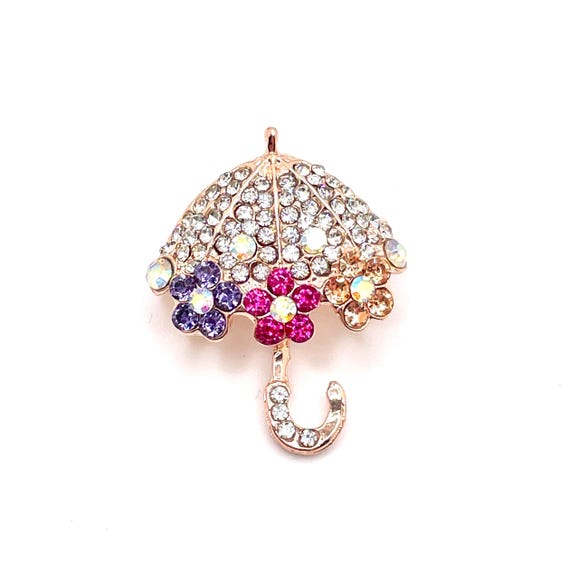 Multicolor Rhinestone Umbrella Brooch | Spring Lapel Pin | Pavé Flower Design | AB Crystal Accent | Gold Tone | Cute Gift Idea