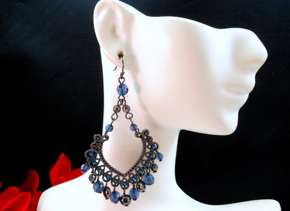 Chandelier Dangle Earrings Blue Beads Rhinestones Wire Hooks - 3"L