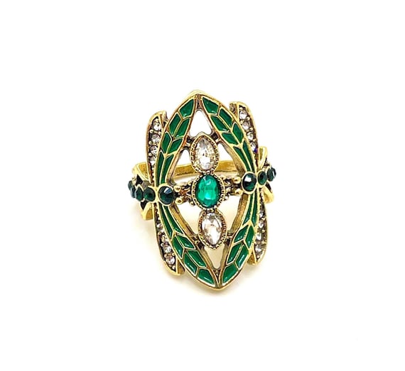 Art Nouveau Style Dragonfly Statement Ring – Green Enamel & Rhinestones – Gold Tone – Size 8.25