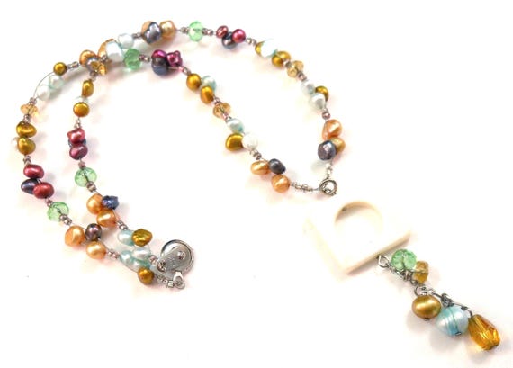 Multi Color Freshwater Pearl MOP Beaded Lariat Necklace 16"L