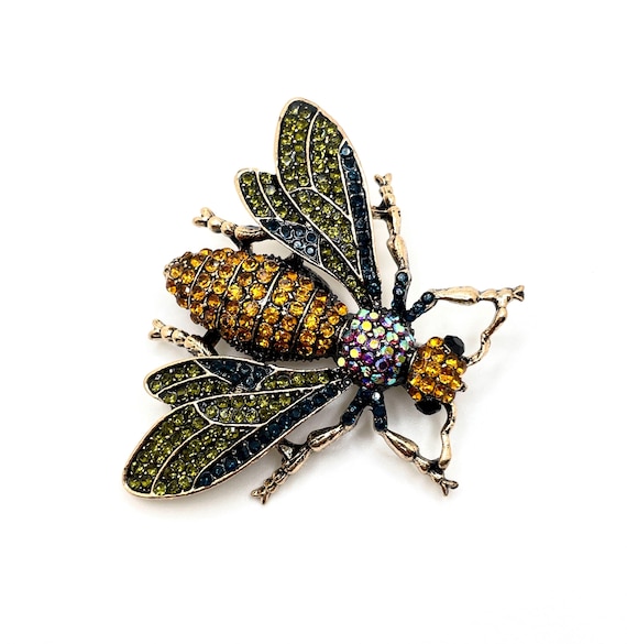 Jeweled Honey Bee Brooch Pin | Gold Tone Insect Pendant with Pave Rhinestones | AB Crystals | Wearable Art or DIY Craft Supply