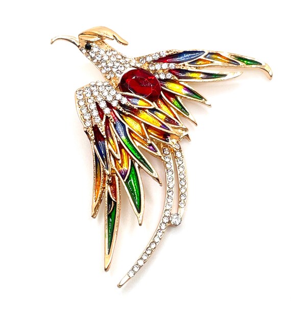 Enamel Phoenix Brooch: Red Stone Body, Rhinestone Accents - Gold Tone