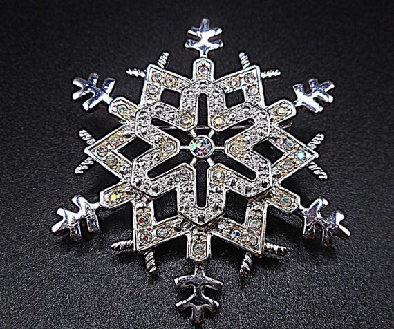 Elegant Rhinestone Snowflake Brooch Pin, Aurora Borealis Crystals, 2"