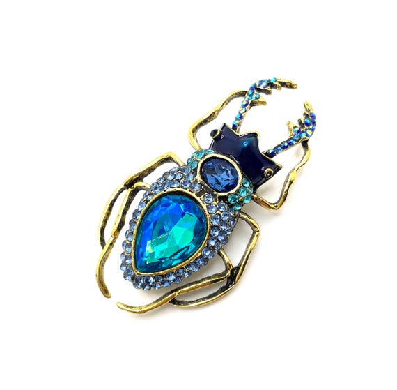 Sparkling Beetle Brooch Pendant – Enamel - Blue Green Rhinestones - Collectible Insect Jewelry