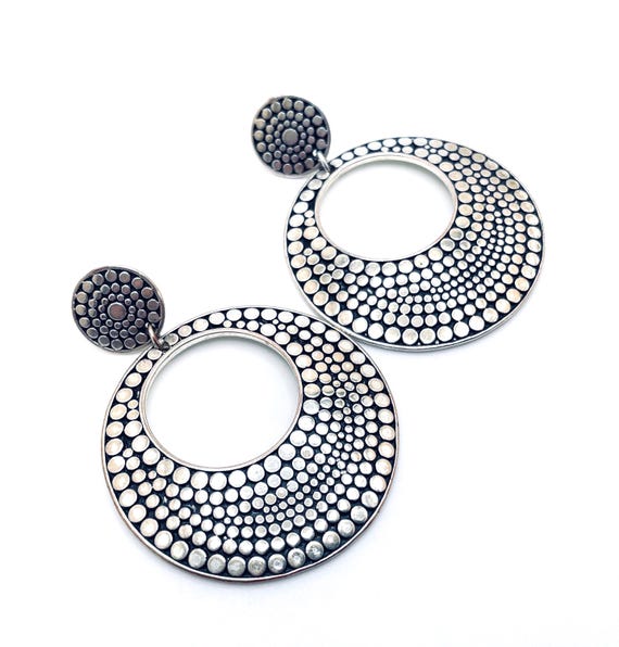 Retro Vintage Silver Plated Dot Hoop Dangle Statement Earrings | Studded for Pierced Ears