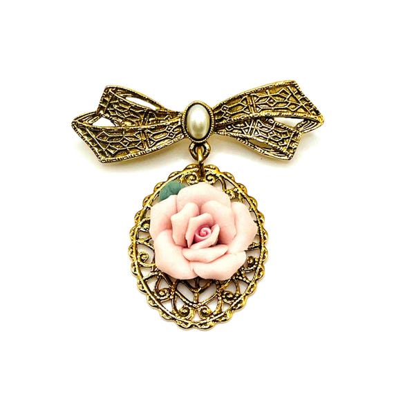 Victorian Style Pink Porcelain Rose Filigree Dangle Pin - 1928 Jewelry Co - Vintage, Retired Collection