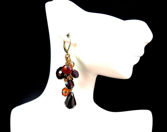 Boho Gypsy Style Glass Bead Cluster Dangle Earrings – Earthtone Colors – Gold Tone Accents