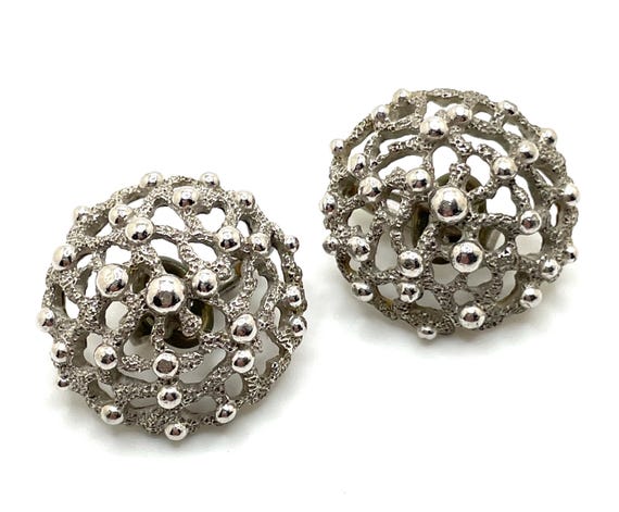 Vintage Crown Trifari 1960s Silver Tone Domed Sea Coral Clip Earrings
