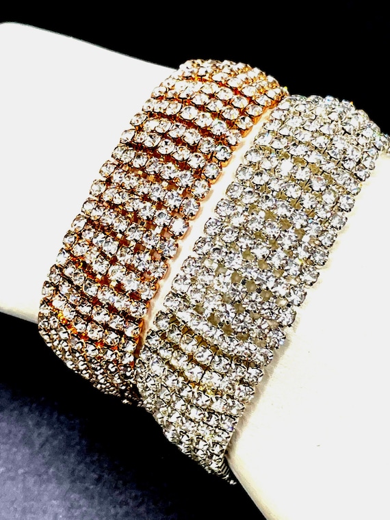Vintage 7-Row Rhinestone Link Bracelet – Sparkling Statement Clasp (Gold Tone or Silver Tone)