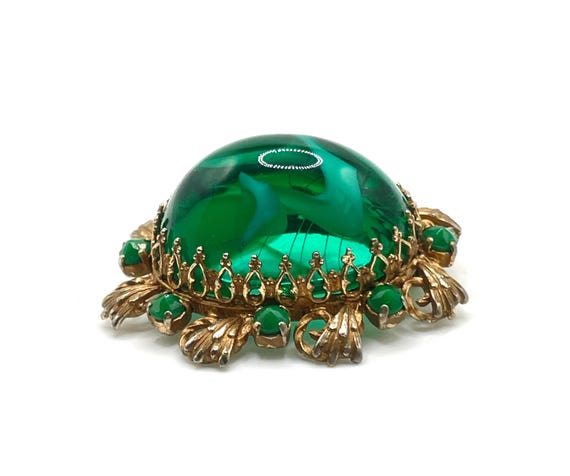 Vintage Green Art Glass Cabochon Brooch Ornate Gold Tone Mid Century Statement Pin