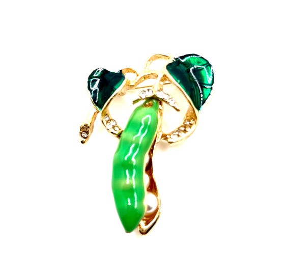 Green Enamel Sugar Snap Pea Brooch: Faux Pearl & Rhinestone Gold Tone Jewelry