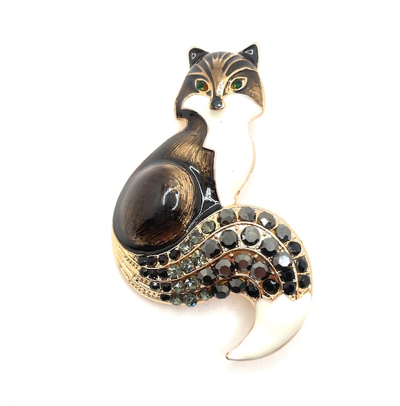 Enamel Fox Brooch Pendant: Rhinestone Tail, Gold Tone - 2"