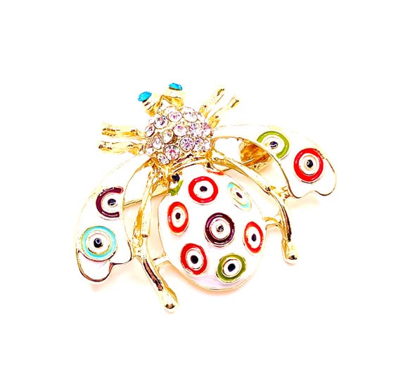 Colorful Bumble Bee Brooch – White Enamel Insect Pin with Multicolor Circles, Clear & Blue Rhinestones – Gold Tone, New DIY Craft Supply