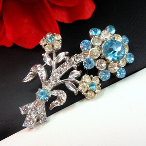 Vintage Flower Bouquet Brooch | Blue & Clear Glass Stone Pin