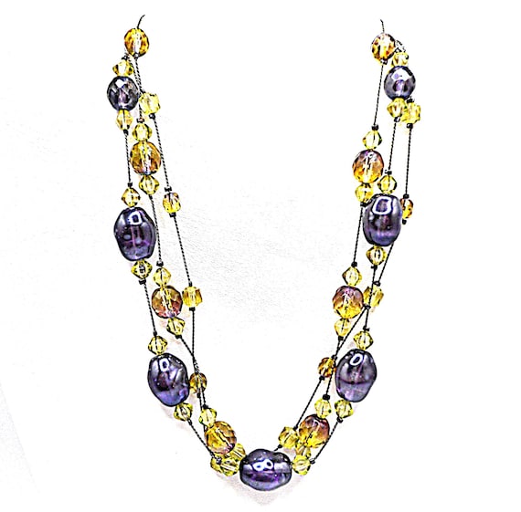 Multi Strand Beaded Floating Illusion Necklace - Glass Beads in Purple and Green, Gunmetal Chain, Adjustable Length